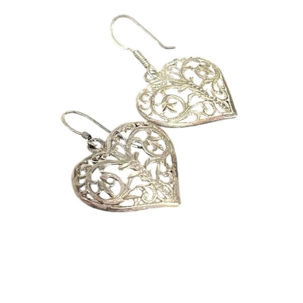 Vintage Signed Estate Hammered 925 Sterling Silver Filigree Heart Shaped Dangle